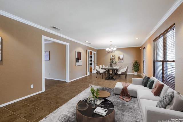 tiled living room with a notable chandelier and crown molding