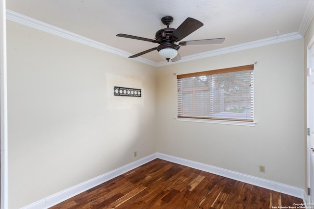 unfurnished room with ceiling fan, dark wood-type flooring, and ornamental molding