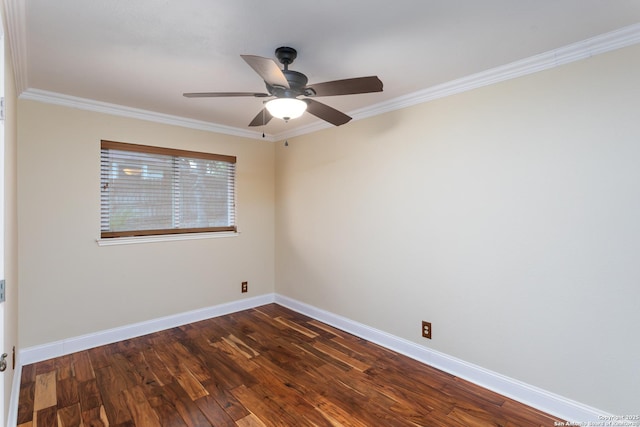 spare room with ceiling fan, dark hardwood / wood-style floors, and ornamental molding