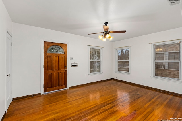 entrance foyer featuring ceiling fan and wood-type flooring