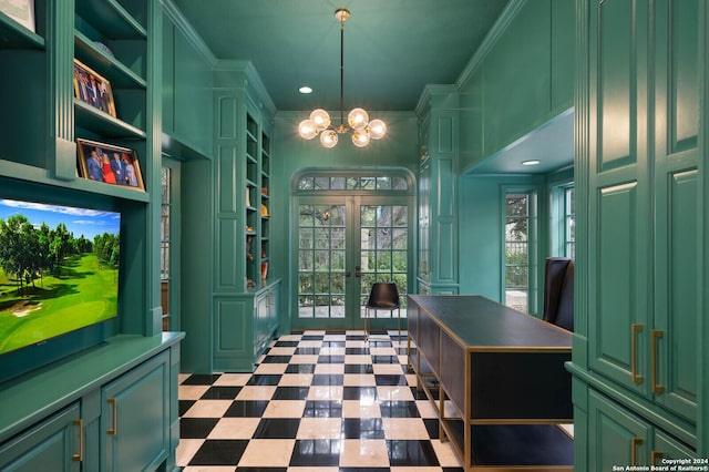 office area featuring ornamental molding, french doors, and an inviting chandelier