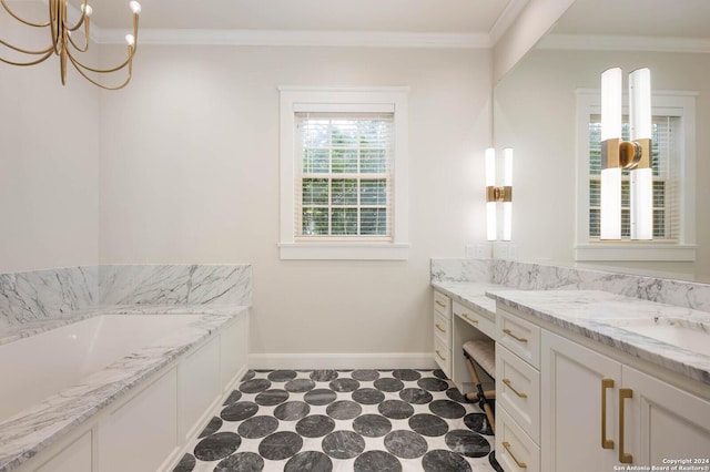 bathroom with vanity, a notable chandelier, and crown molding