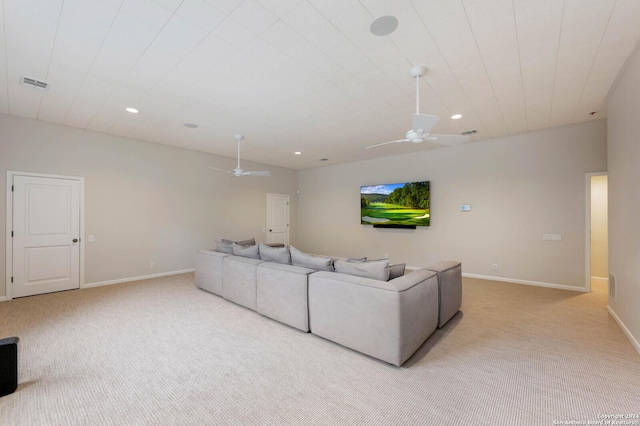 living room with light carpet and ceiling fan