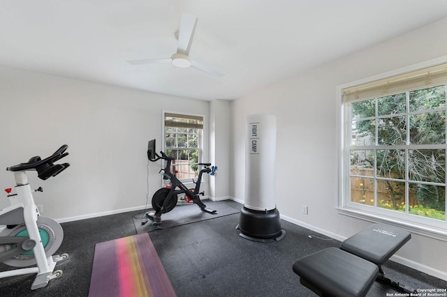 workout area with ceiling fan