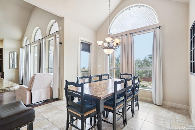 dining space with vaulted ceiling, a chandelier, and a healthy amount of sunlight