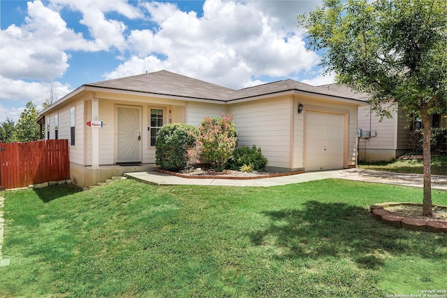 single story home with a front yard and a garage