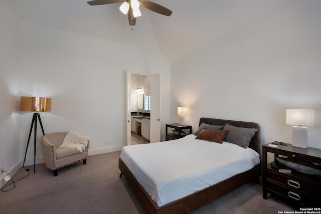 bedroom featuring vaulted ceiling, ceiling fan, ensuite bathroom, and carpet