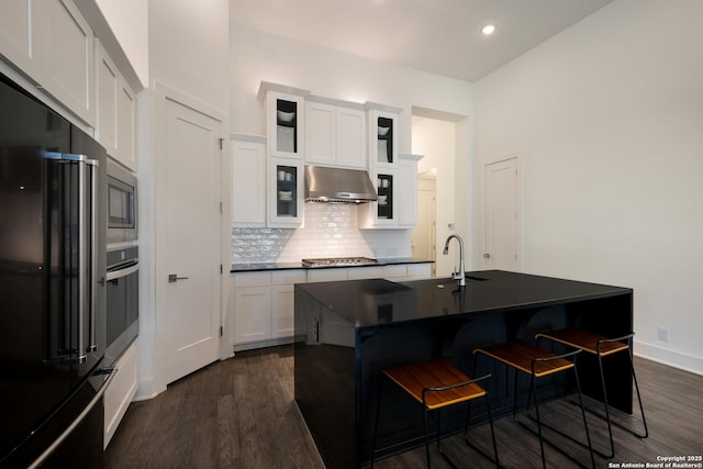 kitchen with white cabinetry, stainless steel appliances, extractor fan, and an island with sink