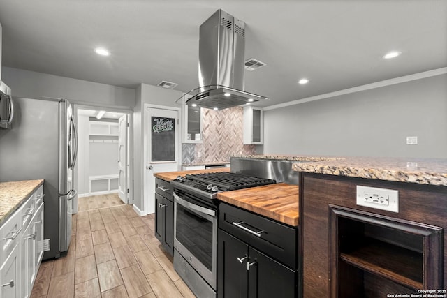 kitchen with white cabinetry, island exhaust hood, stainless steel appliances, and tasteful backsplash