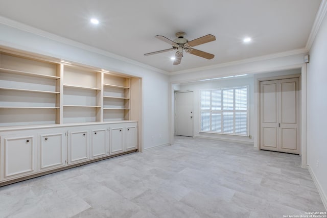 unfurnished living room featuring ceiling fan and ornamental molding