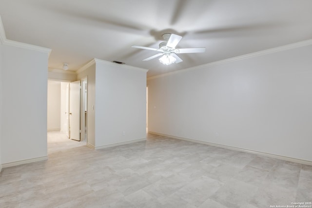 unfurnished room with ceiling fan and ornamental molding