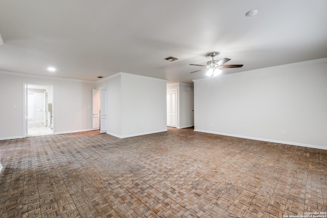 7926 Broadway Unit 402, San Antonio, TX 78209 - unfurnished living room featuring ceiling fan, parquet floors, and ornamental molding