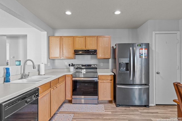 kitchen featuring light wood-type flooring, appliances with stainless steel finishes, light brown cabinetry, and sink