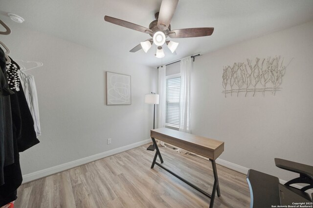 office space with ceiling fan and light hardwood / wood-style flooring