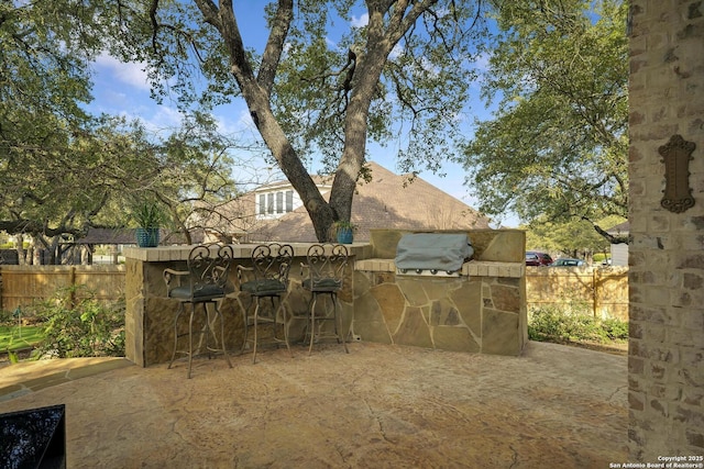 view of patio featuring exterior kitchen and an outdoor bar