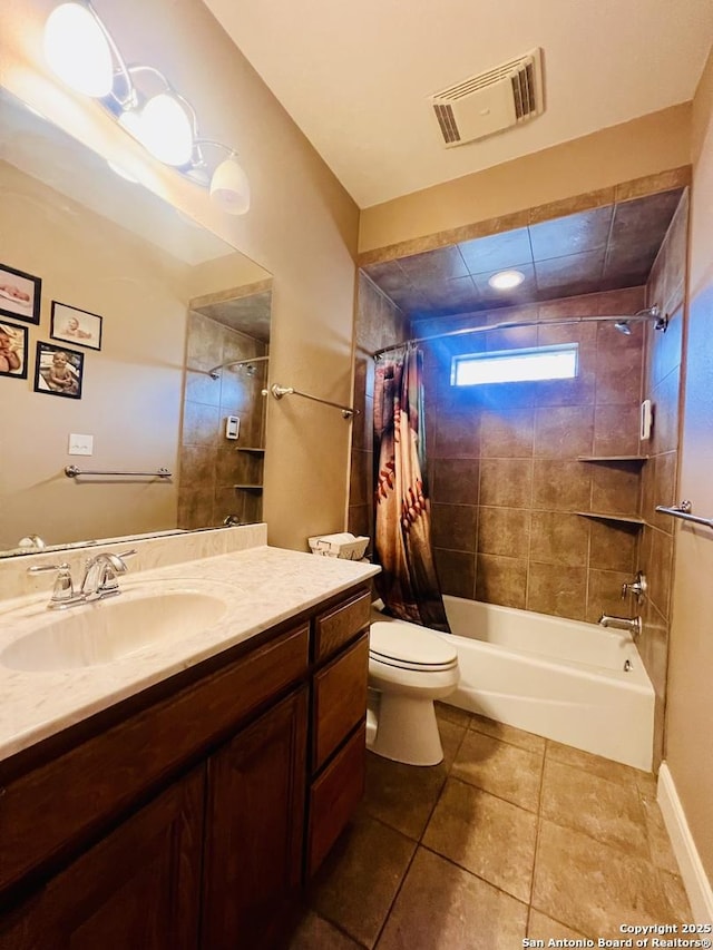 full bathroom featuring toilet, vanity, tile patterned flooring, and shower / bath combo with shower curtain