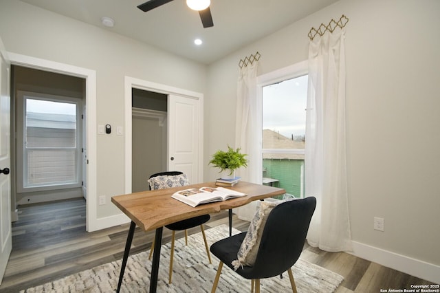 office featuring ceiling fan, baseboards, wood finished floors, and recessed lighting