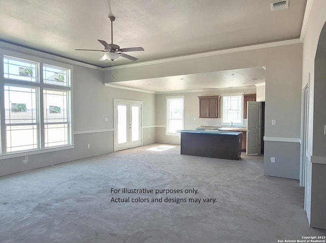 kitchen with ceiling fan, a kitchen island, ornamental molding, and french doors