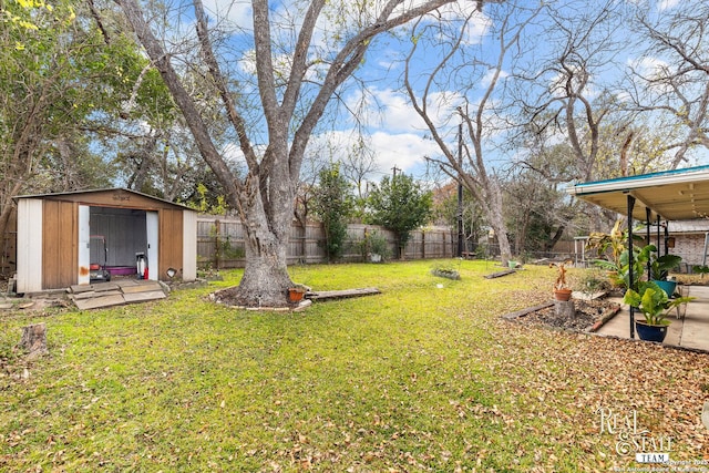 view of yard featuring a storage unit