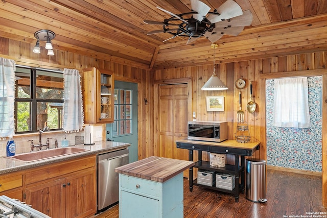 kitchen featuring dark wood-style flooring, appliances with stainless steel finishes, a sink, butcher block countertops, and wooden ceiling