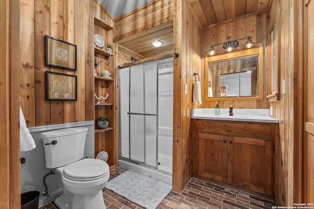 full bathroom with toilet, wood walls, and a stall shower