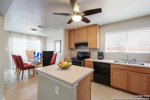 kitchen with a kitchen island, black dishwasher, sink, stainless steel range with electric stovetop, and ceiling fan