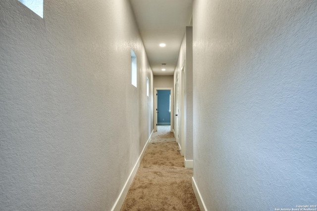 hallway featuring light carpet