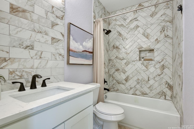 full bathroom featuring toilet, vanity, and shower / bath combination with curtain