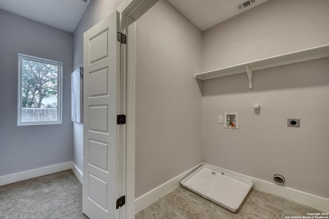 washroom with hookup for a gas dryer, light colored carpet, hookup for a washing machine, and hookup for an electric dryer