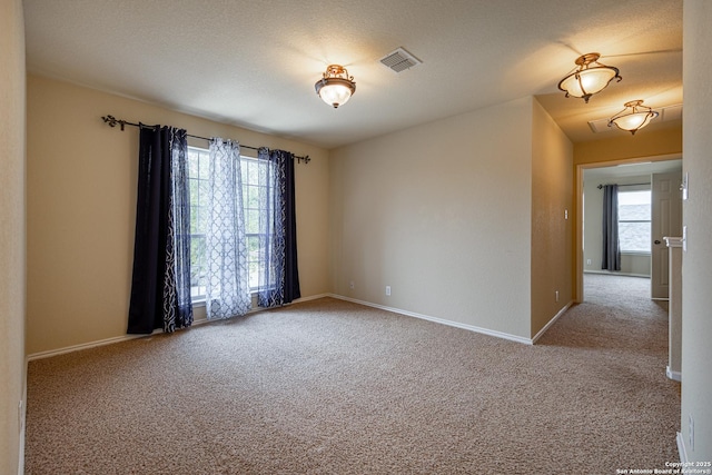 empty room featuring light carpet and a textured ceiling