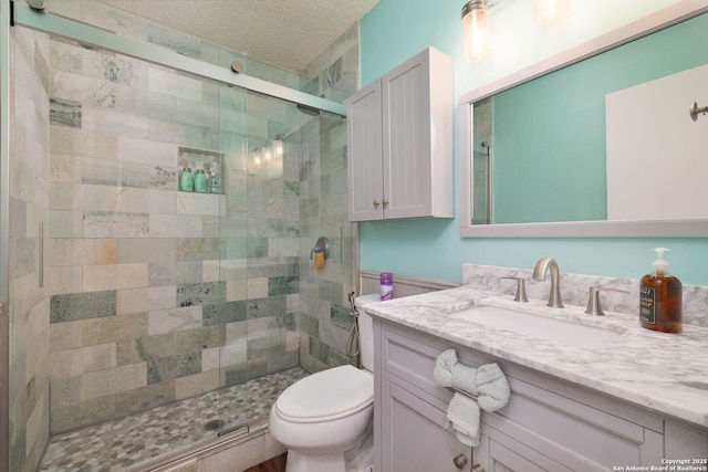 bathroom featuring toilet, vanity, walk in shower, and a textured ceiling