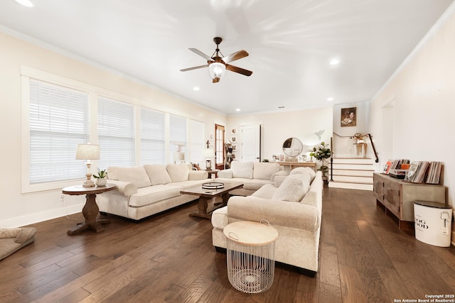 living room featuring ceiling fan, dark hardwood / wood-style flooring, and crown molding