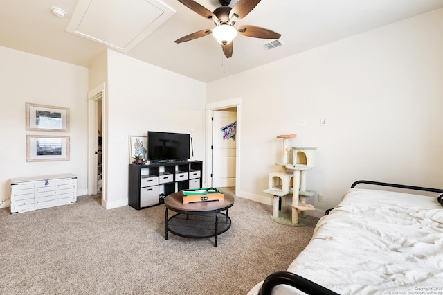 carpeted bedroom with ceiling fan