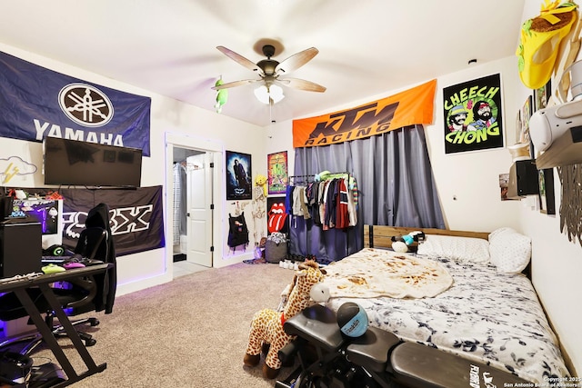 bedroom featuring ceiling fan and carpet floors