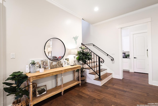 stairs featuring crown molding and wood-type flooring