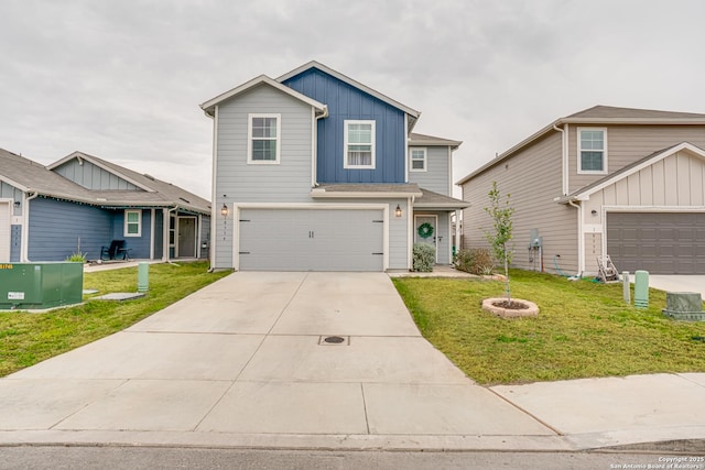 front facade featuring a garage and a front yard