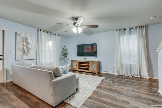 living room featuring ceiling fan and wood-type flooring