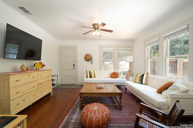 living room with ceiling fan and dark hardwood / wood-style floors