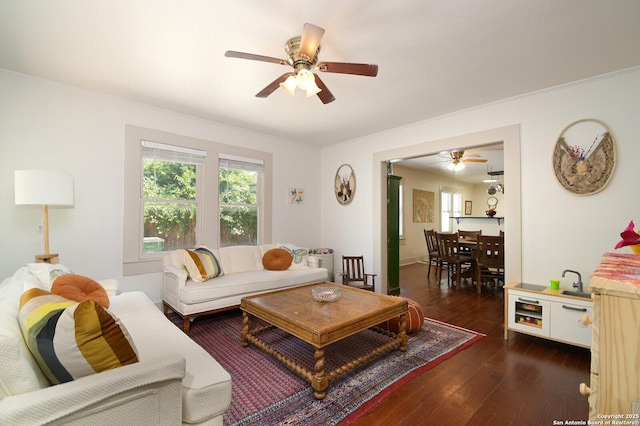 living room featuring ceiling fan and dark hardwood / wood-style flooring