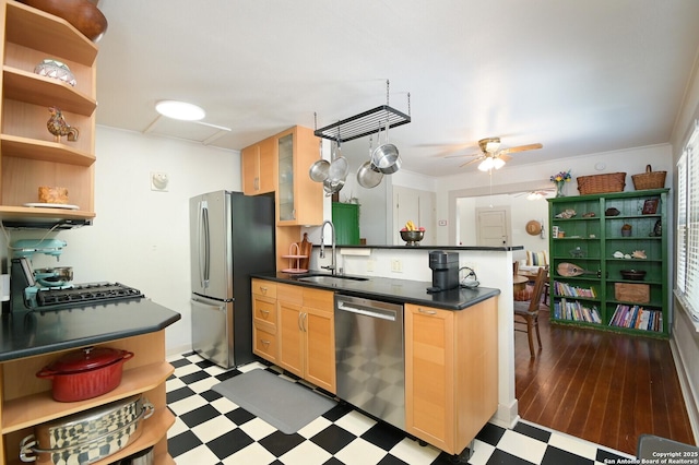 kitchen featuring ceiling fan, kitchen peninsula, sink, and stainless steel appliances