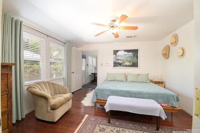 bedroom featuring dark wood-type flooring and ceiling fan