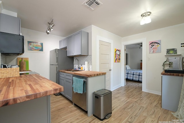 kitchen with backsplash, gray cabinets, sink, appliances with stainless steel finishes, and wood counters