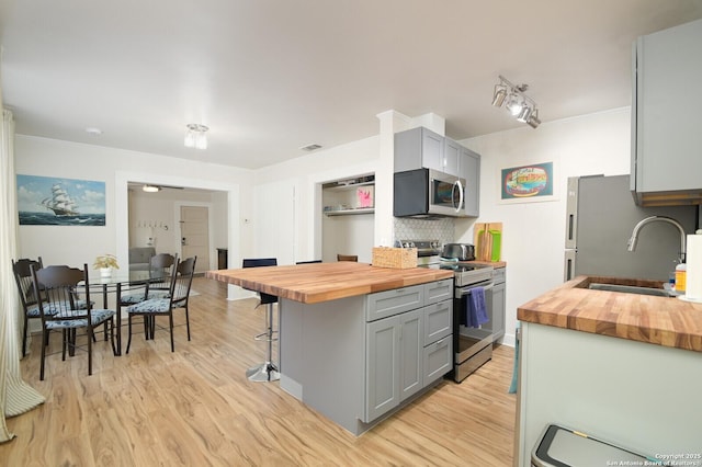 kitchen with a kitchen bar, wooden counters, appliances with stainless steel finishes, decorative backsplash, and sink