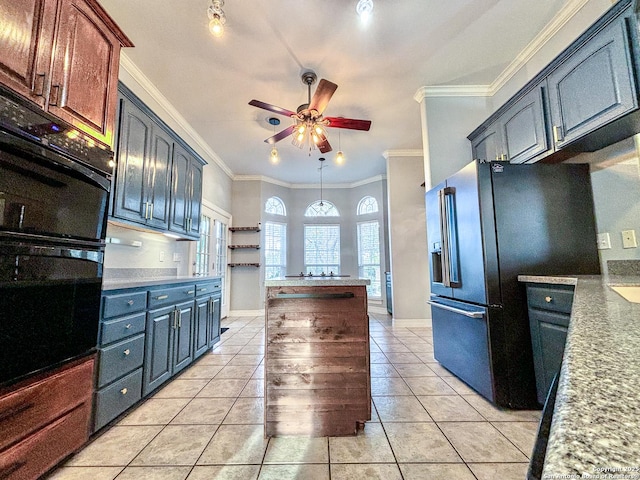 kitchen with ceiling fan, light tile patterned floors, black appliances, and crown molding