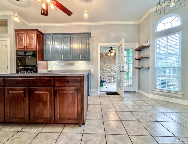 kitchen featuring ceiling fan, light tile patterned flooring, ornamental molding, and black appliances