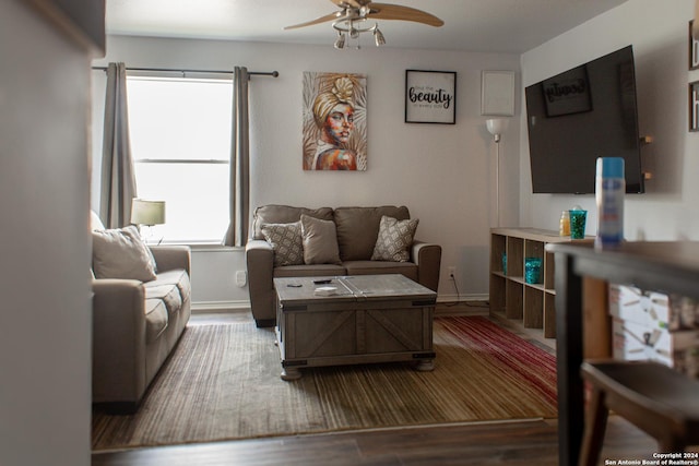 living room with ceiling fan and wood-type flooring