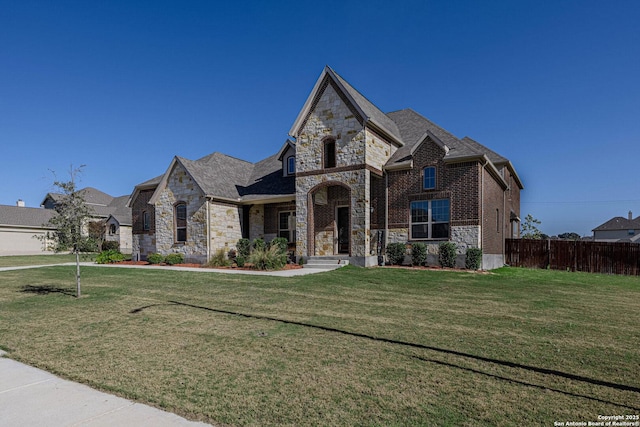 french country inspired facade with a front yard