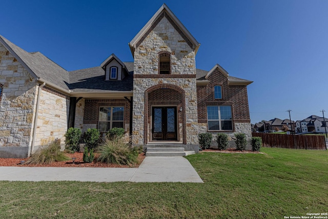 view of front facade with a front lawn and french doors