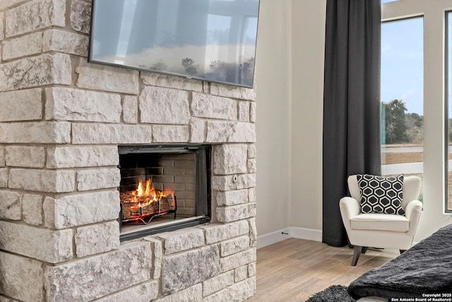 interior space with wood-type flooring, a healthy amount of sunlight, and a fireplace