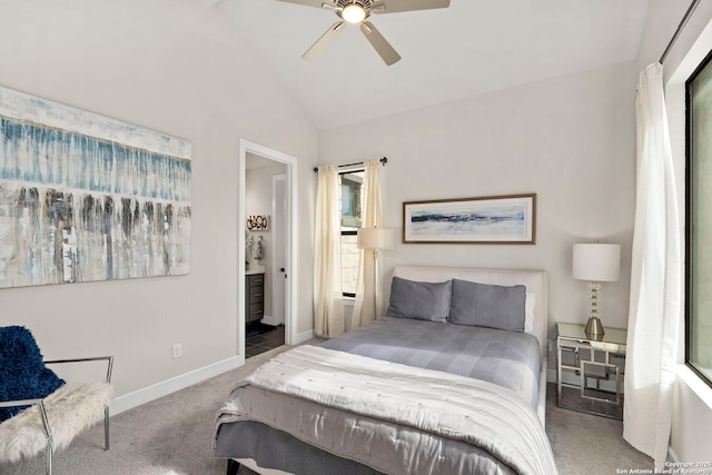 bedroom featuring ceiling fan, high vaulted ceiling, and light carpet